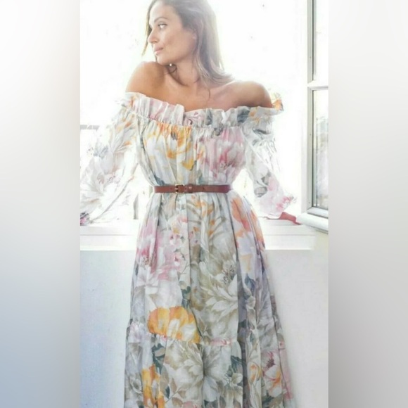 H&M Dresses & Skirts - H&M Trend Bardot Off Shoulder Pastel Floral Midi Maxi Dress Size M (8-10)